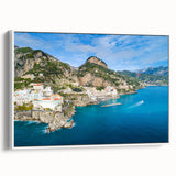 Vintage poster art of Amalfi Coast on framed canvas featuring colorful scenery, ideal for living room decor.