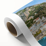 Art deco poster of the Amalfi Coast in pastel shades on rolled canvas, suitable for nursery wall art or dining room decor.