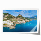 Rolled print of Amalfi Coast with vivid blue and white tones, ideal for art wall dining room.