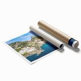 Rolled print of the Amalfi Coast with vibrant blue and terracotta tones, ideal for classy bathroom wall art.