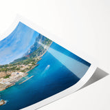 Extra large wall art featuring line art flowers and scenic Amalfi Coast, in soft pastel tones on rolled print.