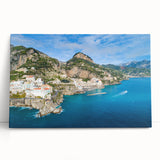 Black and white large canvas print of the Amalfi Coast, ideal for kitchen wall art.