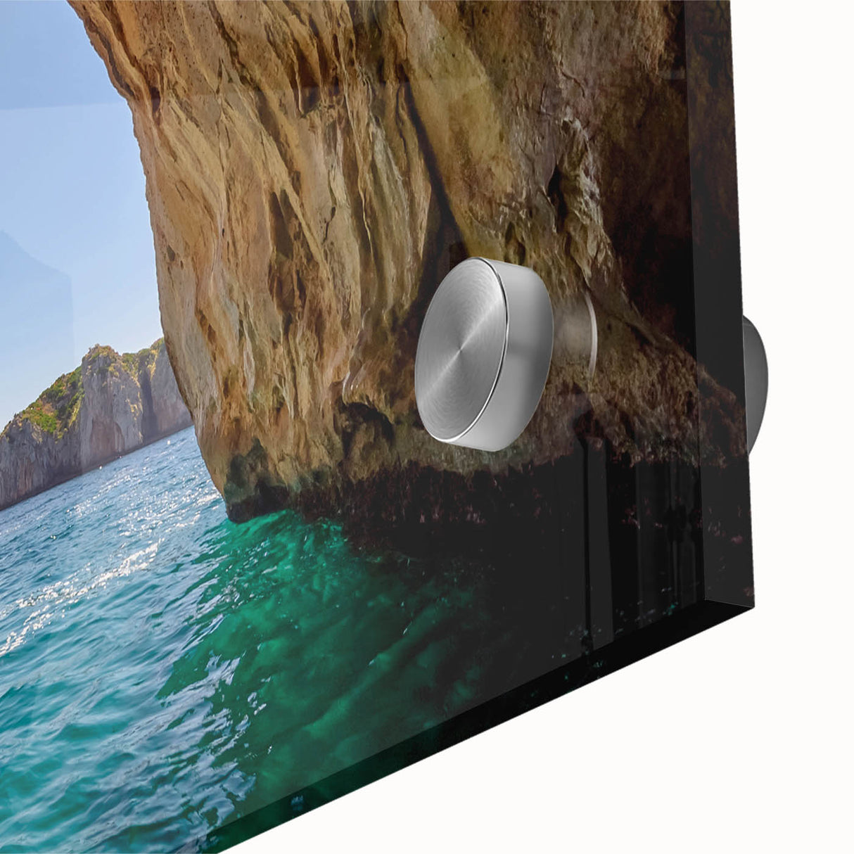 Large abstract depiction of Capri in muted blue and green tones on acrylic glass, suitable for dining room art.