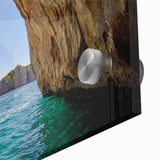 Large abstract depiction of Capri in muted blue and green tones on acrylic glass, suitable for dining room art.