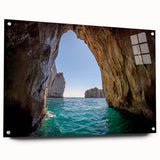 Acrylic print of Capri, Italy featuring vibrant blue ocean and sky, ideal for enhancing dining room decor.