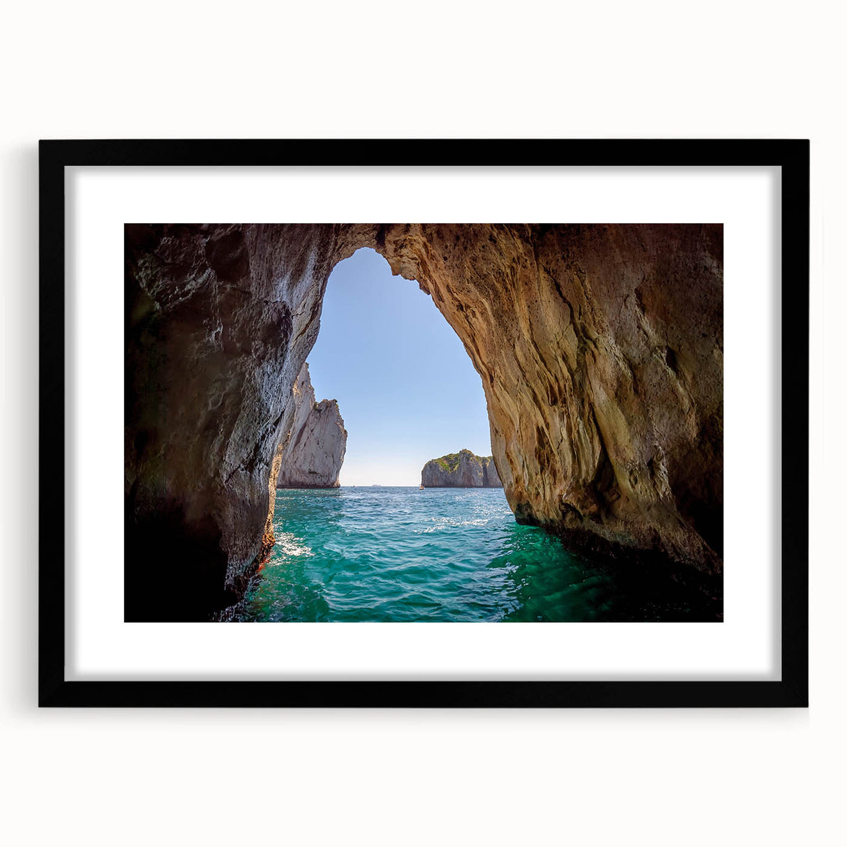 Colorful abstract art print of a European scenery, in a black frame with mat, ideal for living room decor.
