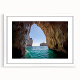 Textured art print of Capri, Italy in abstract style with muted blue and white tones, framed with a white mat.