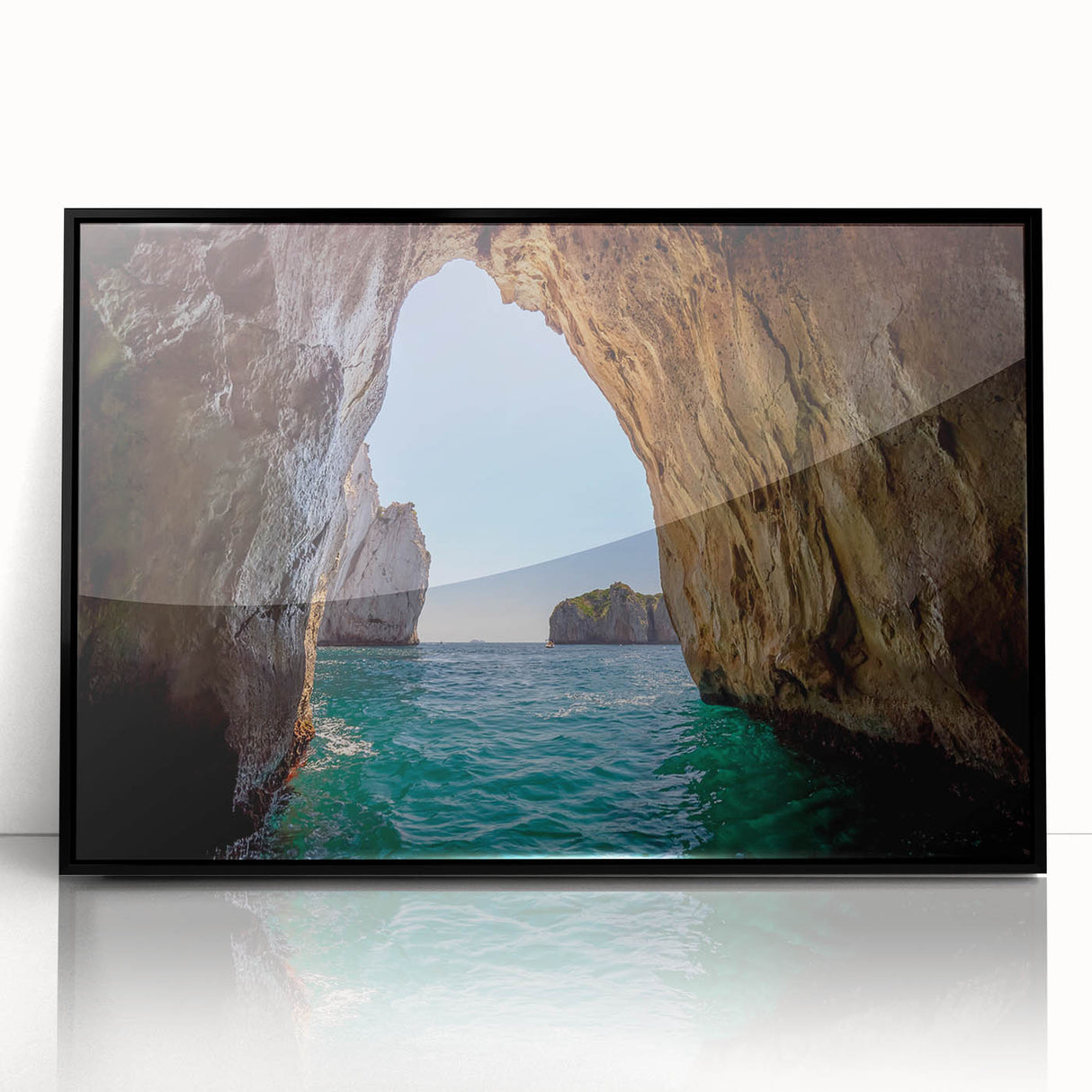 Large abstract wall art of a European scenery in Capri, with muted earth tones on framed acrylic.