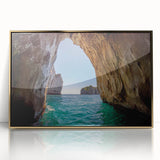 Acrylic print of Capri, Italy scenery in art deco style with gold frame, featuring pastel blue and green tones.