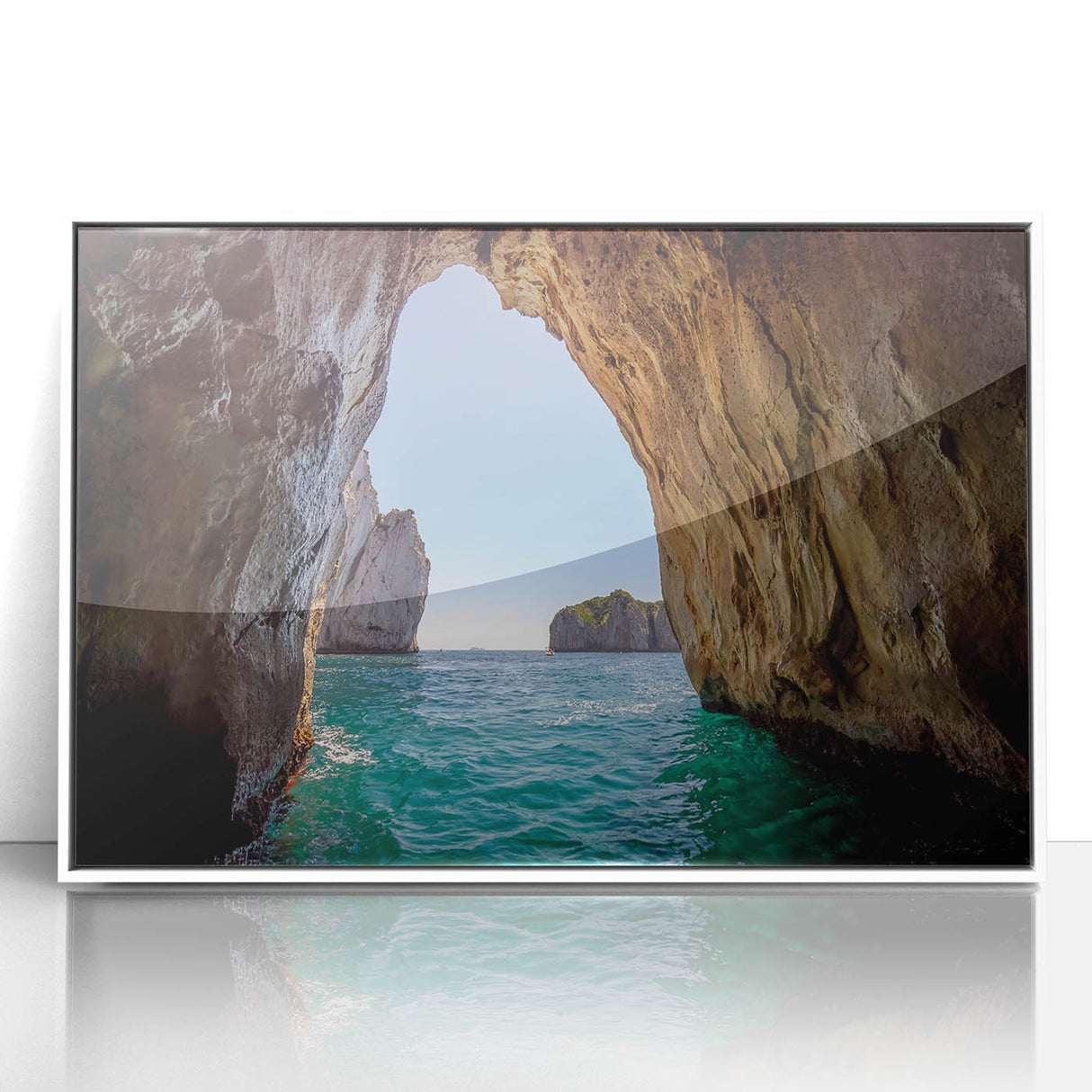 Mid-century modernist art depicting a serene Capri landscape in pastel shades on a white framed acrylic print.