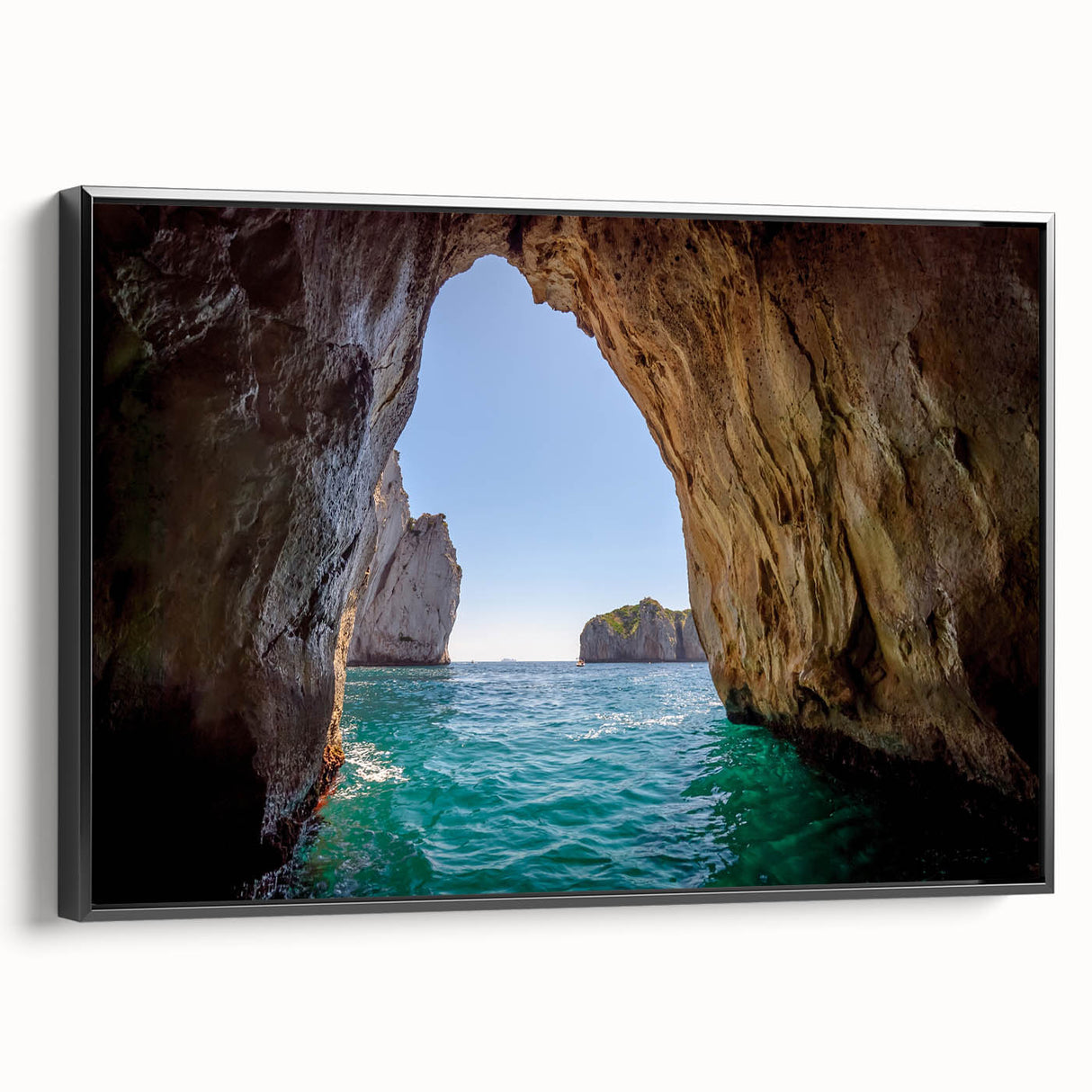 Black and white vintage poster art of Capri landscape on framed canvas, suitable for bedroom wall decor.
