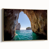 Landscape painting of Capri, Italy on framed canvas with gold accents, mainly in black and gold tones.