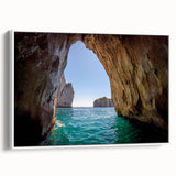 Vintage poster art of Capri, Italy in vibrant colors on a framed canvas, ideal for living room decor.