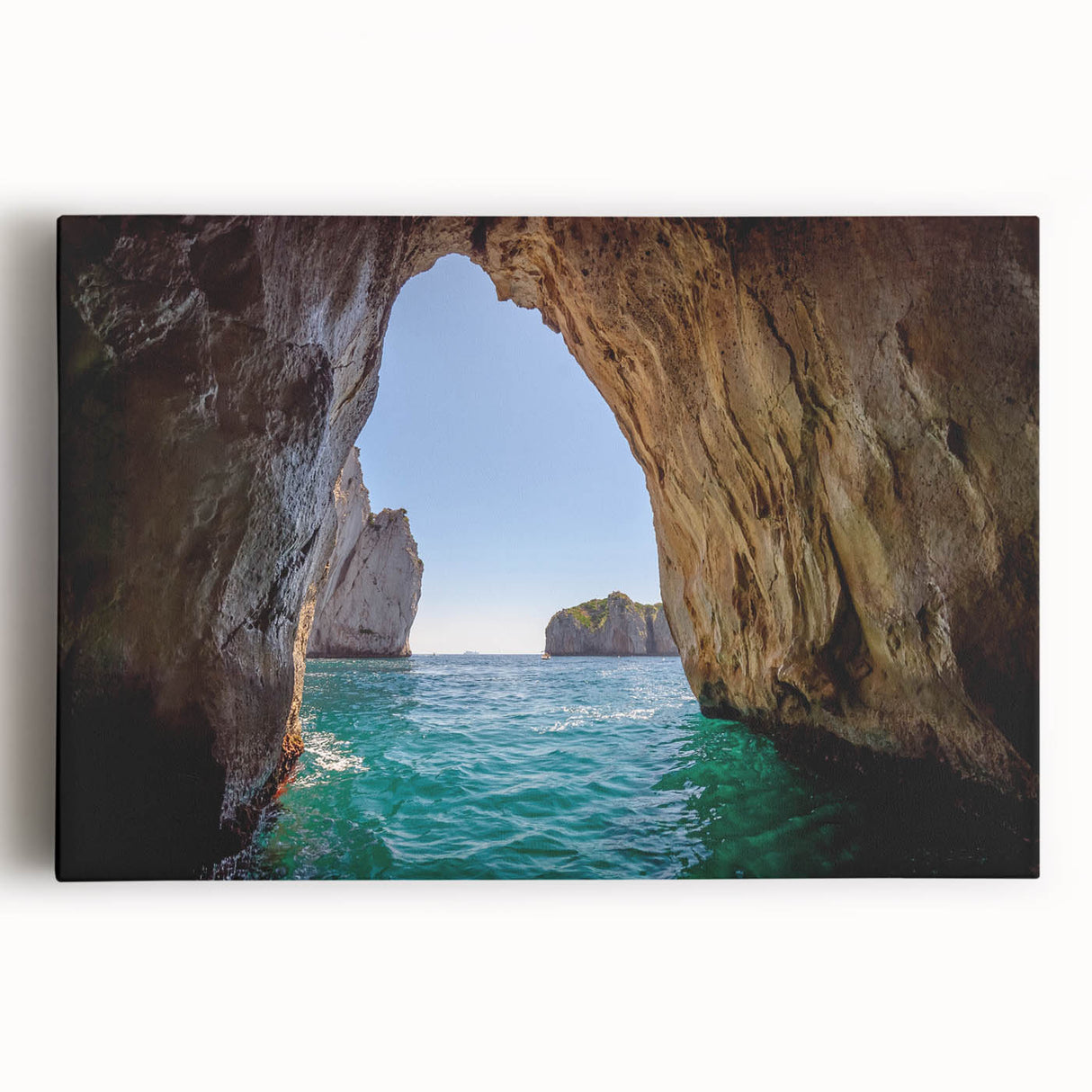 Black and white stretched canvas of Capri, Italy scenery, ideal for kitchen wall art or bedroom ambiance.