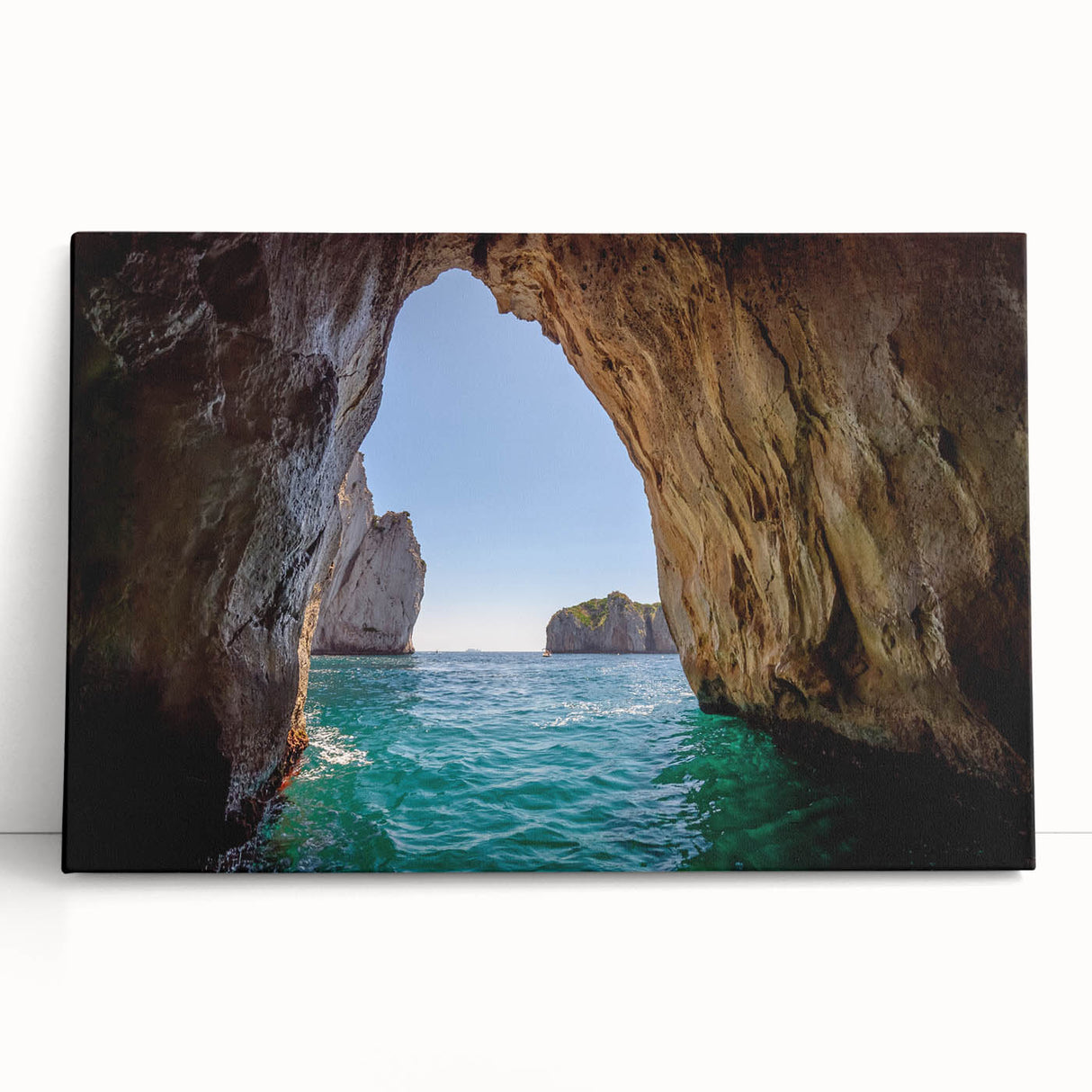 Black and white large art print of Capri coastline on stretched canvas, ideal for kitchen wall art.