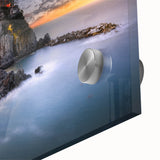 Acrylic print of Cinque Terre with vibrant colors in a mid-century modernist style, ideal for dining room art.