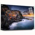 Acrylic print of Cinque Terre, Italy with vibrant coastal colors, perfect for dining room decor.