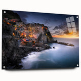 Acrylic print of Cinque Terre, Italy with vibrant coastal colors, perfect for dining room decor.
