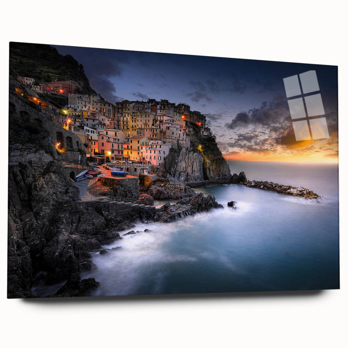 Acrylic print of Cinque Terre with vivid blue and pastel seaside tones, suitable for bedroom or dining room art.