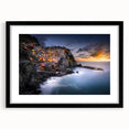 Extra large abstract art print of Cinque Terre with vibrant colors on textured canvas, framed in black.