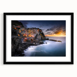 Extra large abstract art print of Cinque Terre with vibrant colors on textured canvas, framed in black.
