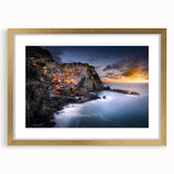 Textured art print of Cinque Terre with abstract elements in gold frame, ideal for bedroom art.