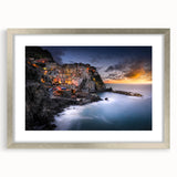 Extra large wall art of Cinque Terre with textured abstract prints in muted ocean and earth tones, framed with a silver mat.