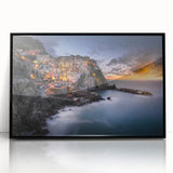 Framed acrylic print of Cinque Terre with vibrant coastal colors, ideal for modern art wall decor.