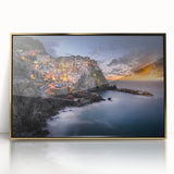 Framed acrylic painting of Cinque Terre with vibrant sunset hues, ideal for modern art wall decor.