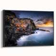 Black and white landscape art painting of Cinque Terre on framed canvas, suitable for bedroom wall decor.