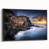 Black and white landscape art painting of Cinque Terre on framed canvas, suitable for bedroom wall decor.