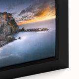 Extra large framed canvas of Cinque Terre with textured, colorful art, ideal for living room decor.