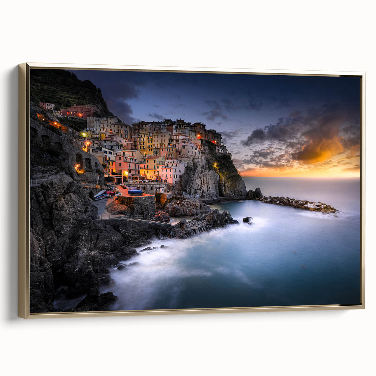 Framed canvas depicting the Cinque Terre landscape in vintage poster style, with a black and gold color scheme.