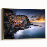 Framed canvas depicting the Cinque Terre landscape in vintage poster style, with a black and gold color scheme.
