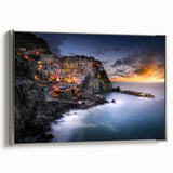 Framed canvas landscape art painting of Cinque Terre with vibrant, colorful buildings and black border.