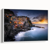 Framed canvas vintage poster art of Cinque Terre with colorful buildings and blue sea, ideal for living room decor.