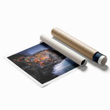 Rolled print of Cinque Terre landscape with pastel-colored buildings and ocean, ideal for classy bathroom wall art.