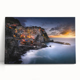 Black and white photograph of Cinque Terre on stretched canvas, ideal for kitchen wall art.