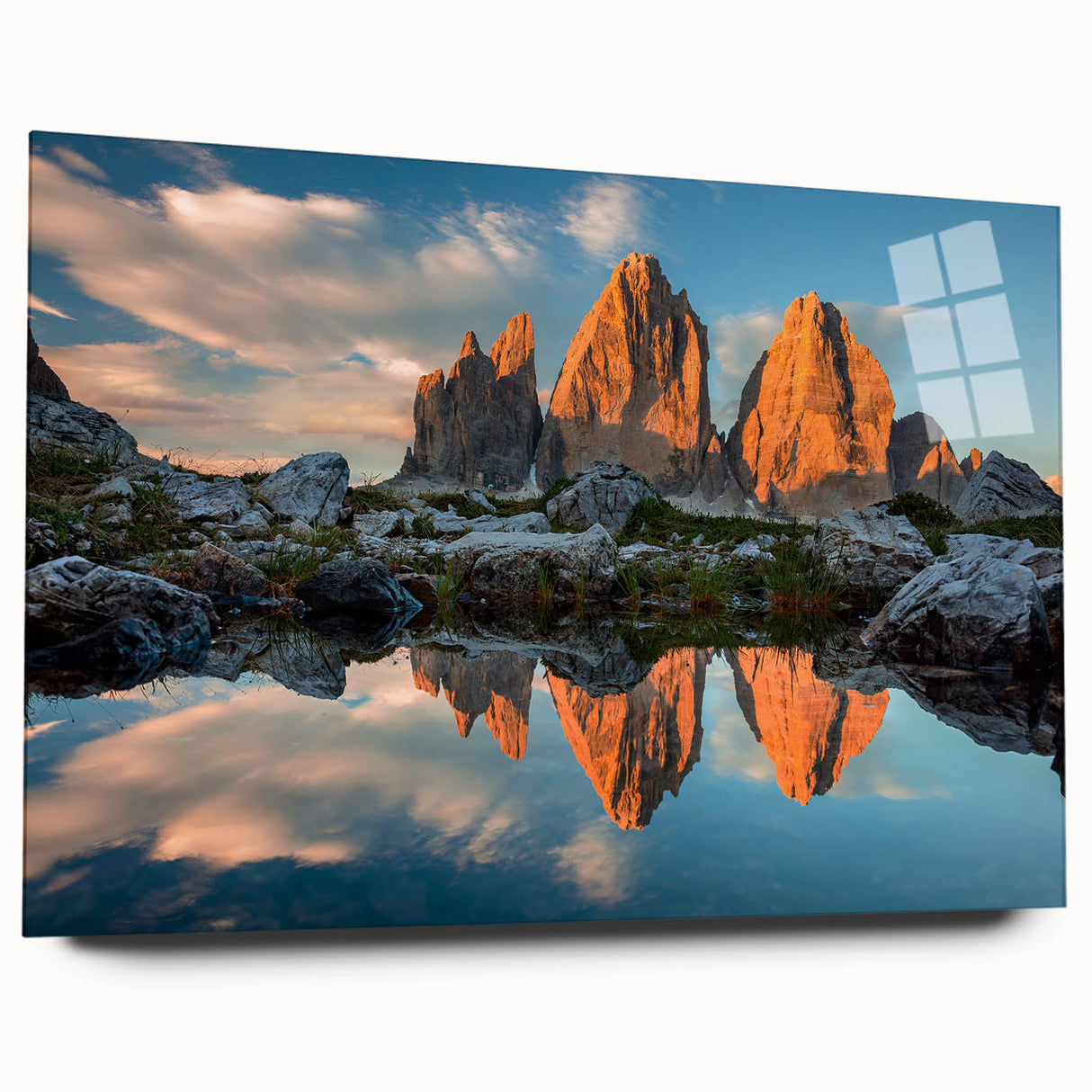 Acrylic print of the Dolomites in Italy, featuring large abstract shapes in earthy tones.