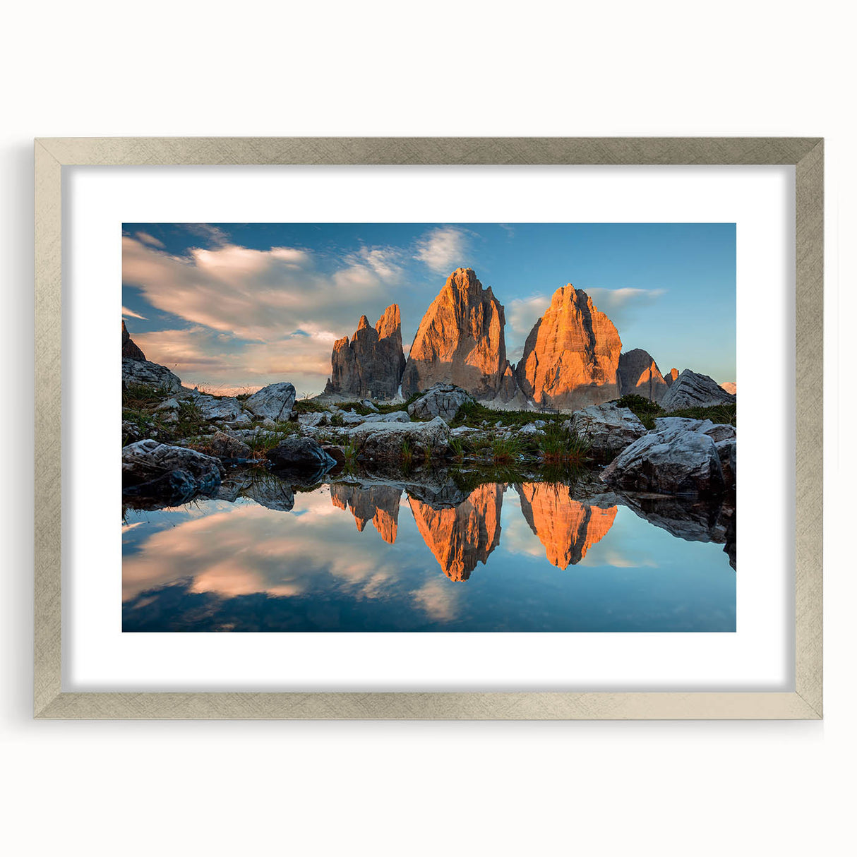 Extra large framed print of abstract Dolomites scenery in textured silver mat, ideal for living room decor.
