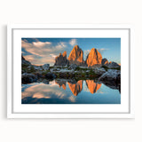 Textured abstract art print of Dolomites scenery in muted earth tones, framed with white mat, suitable for bedroom decor.