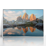 Mid-century modernist art depicting the Dolomites in Italy, framed acrylic with a white border.