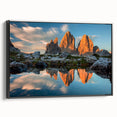 Black and white landscape art of the Dolomites on framed canvas, suitable for bedroom decor.