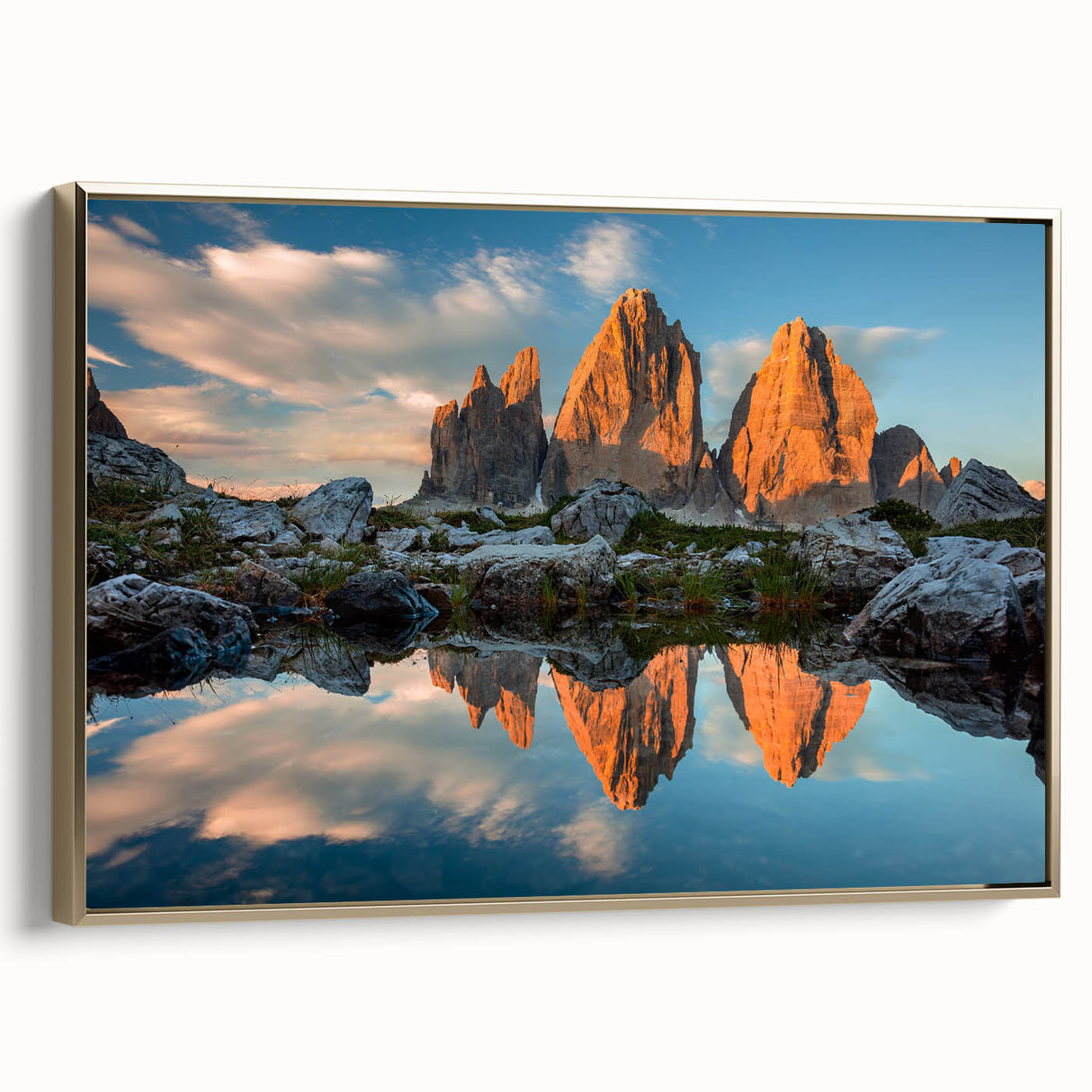 Framed canvas depicting a vintage-style landscape of the Dolomites in muted earth tones, ideal for bedroom wall art.