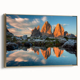 Framed canvas depicting a vintage-style landscape of the Dolomites in muted earth tones, ideal for bedroom wall art.