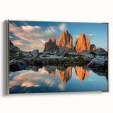 Framed canvas landscape art painting of the Dolomites in Italy, featuring muted earth tones, ideal for living room decor.