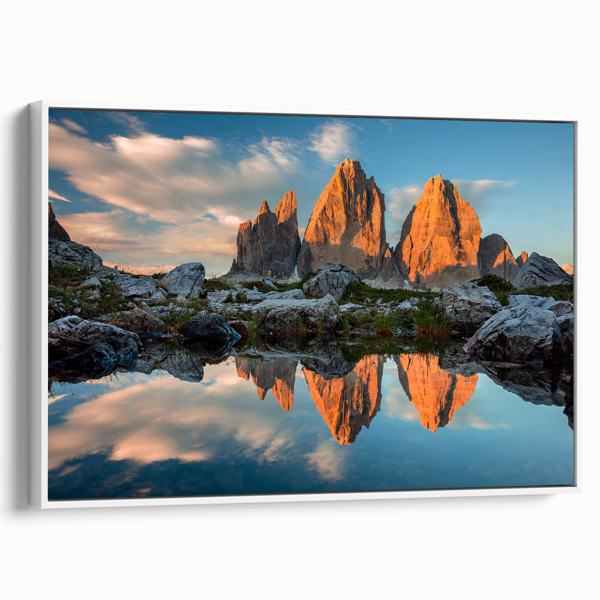 Vintage poster art of the Dolomites in Italy on framed canvas, featuring vibrant green and blue tones.