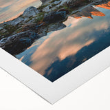 Art deco poster of the Dolomites in Italy, featuring muted earth tones on rolled canvas, suitable for dining room decor.