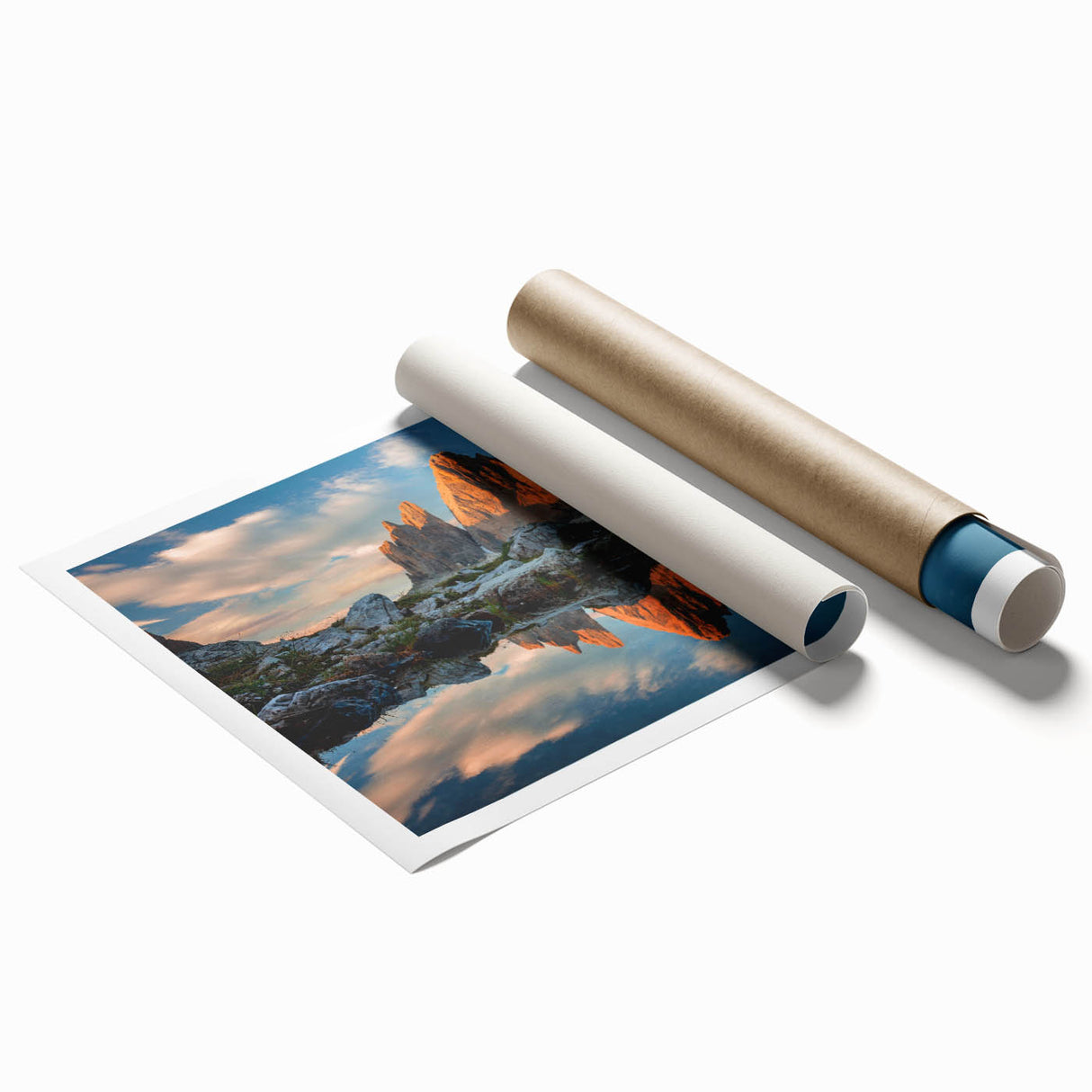 Extra large wall art of the Dolomites in Italy, featuring muted earth tones on a rolled print.