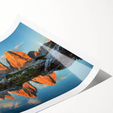 Extra large wall art featuring line art flowers over a scenic view of the Dolomites in Italy, printed on rolled canvas.